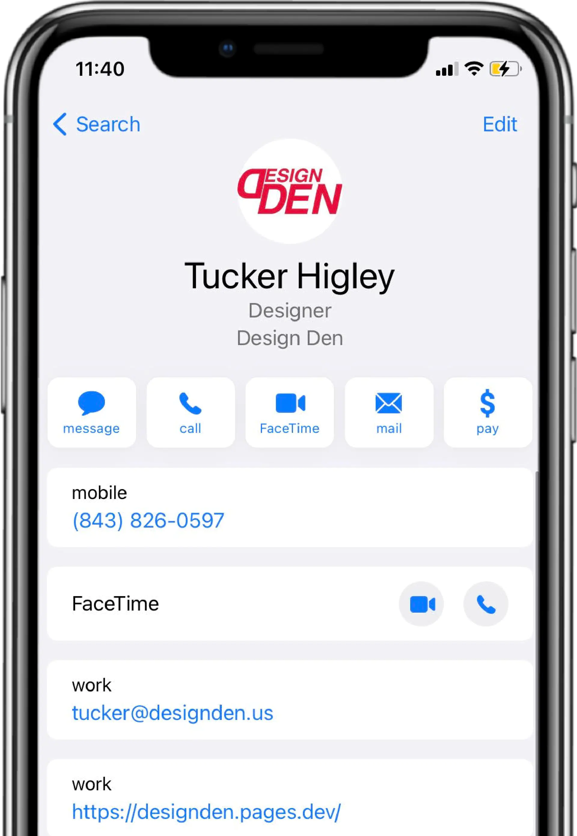 Contacts app on iphone of tucker higley