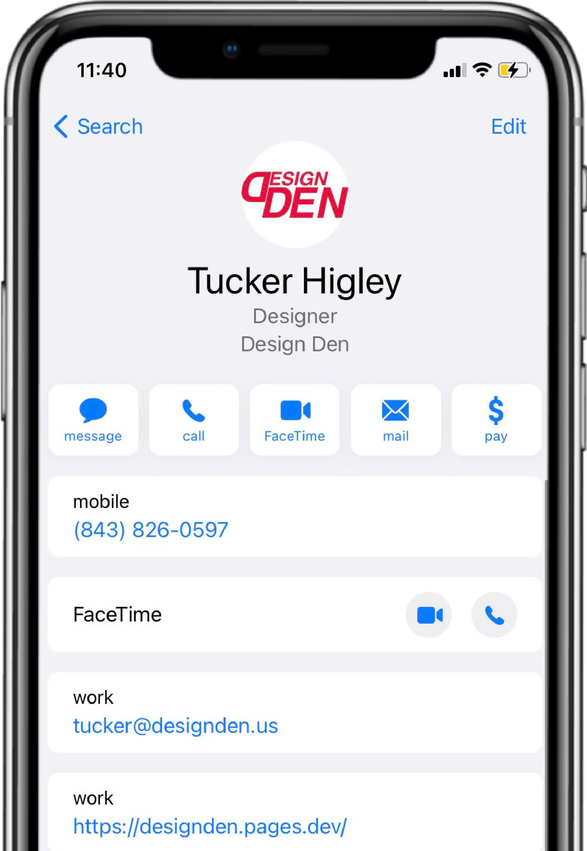 Contacts app on iphone of tucker higley